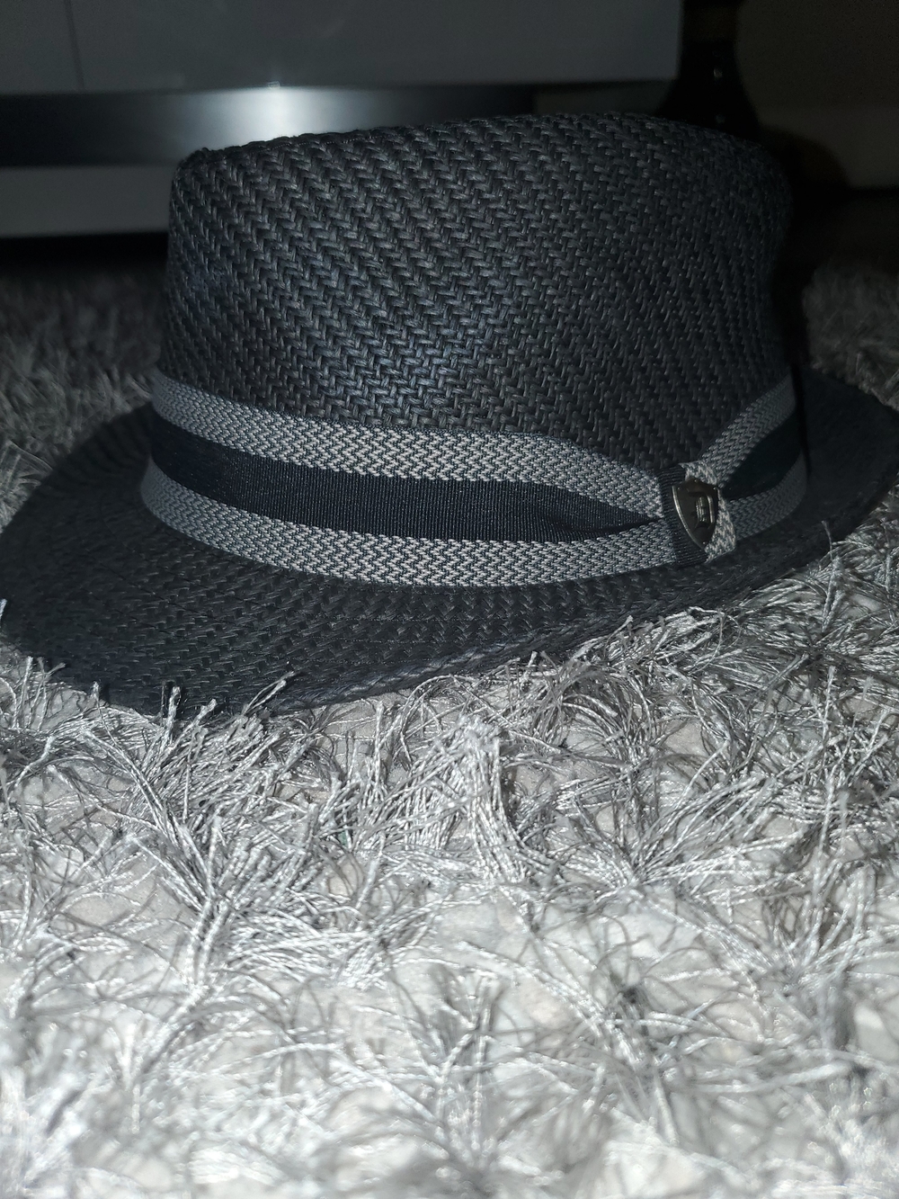 Black Straw Fedora with Gray Band - Women’s Hat